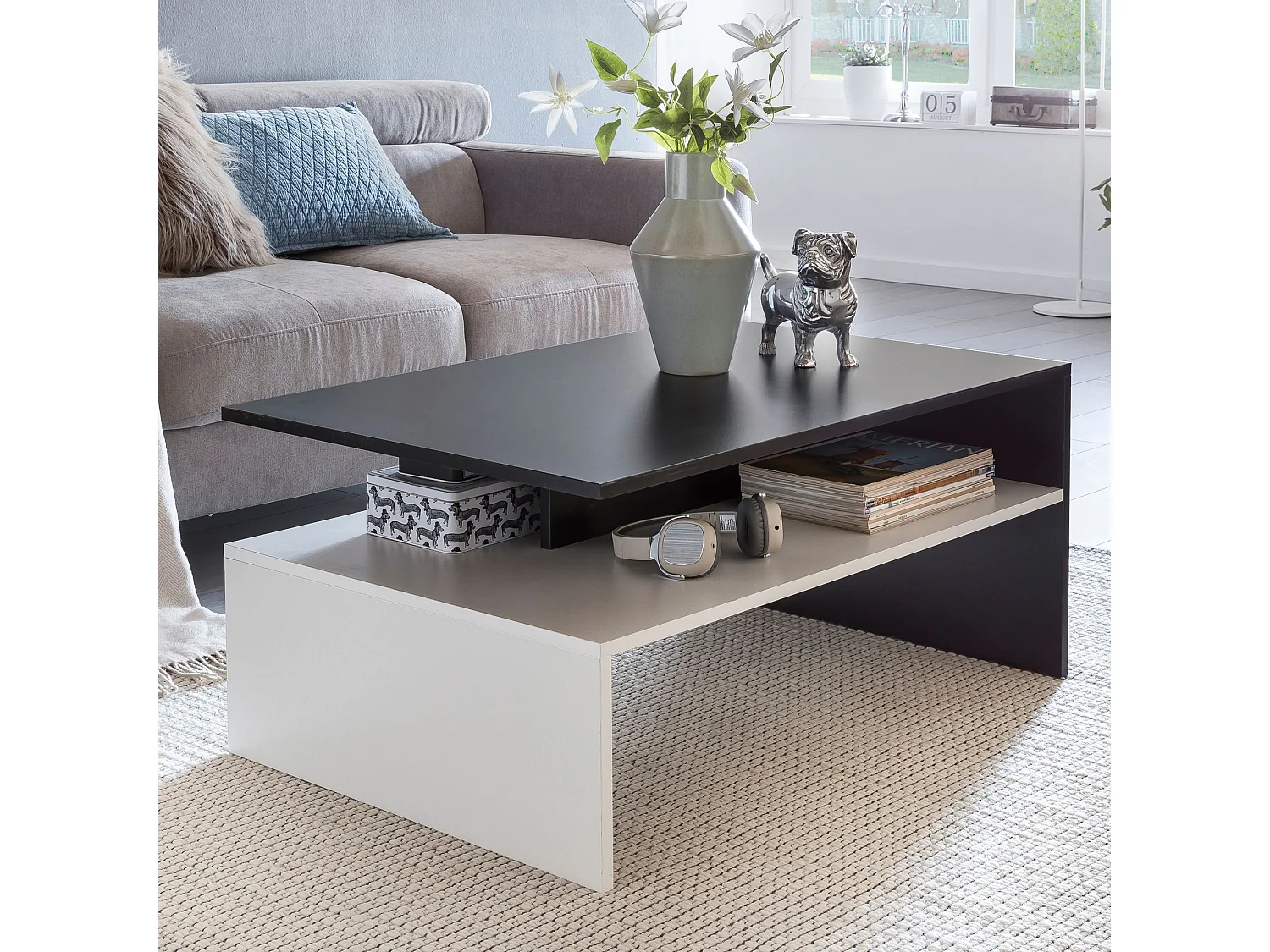 Table Basse de Salon Design 90x43x60cm Table Canapé Moderne Noir Blanc