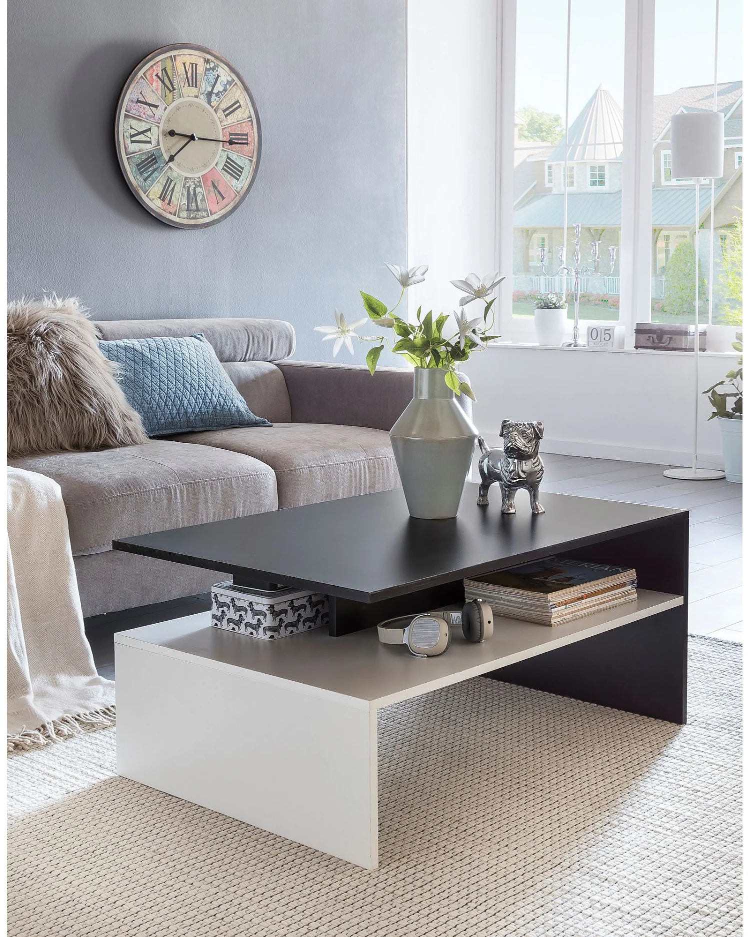 Table Basse de Salon Design 90x43x60cm Table Canapé Moderne Noir Blanc