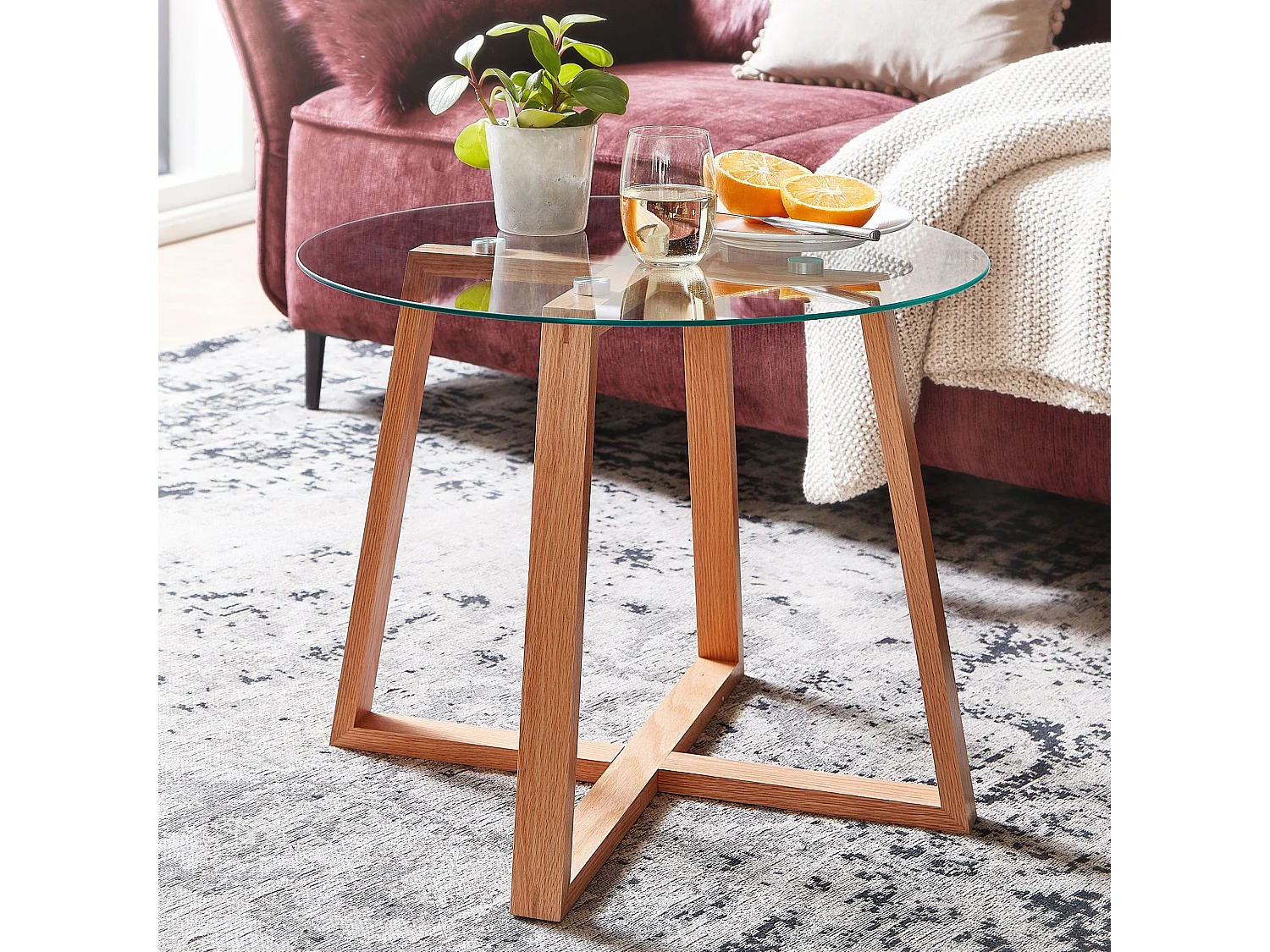 Table Basse de Salon Chêne Bois Massif Verre Table de Canapé Ronde
