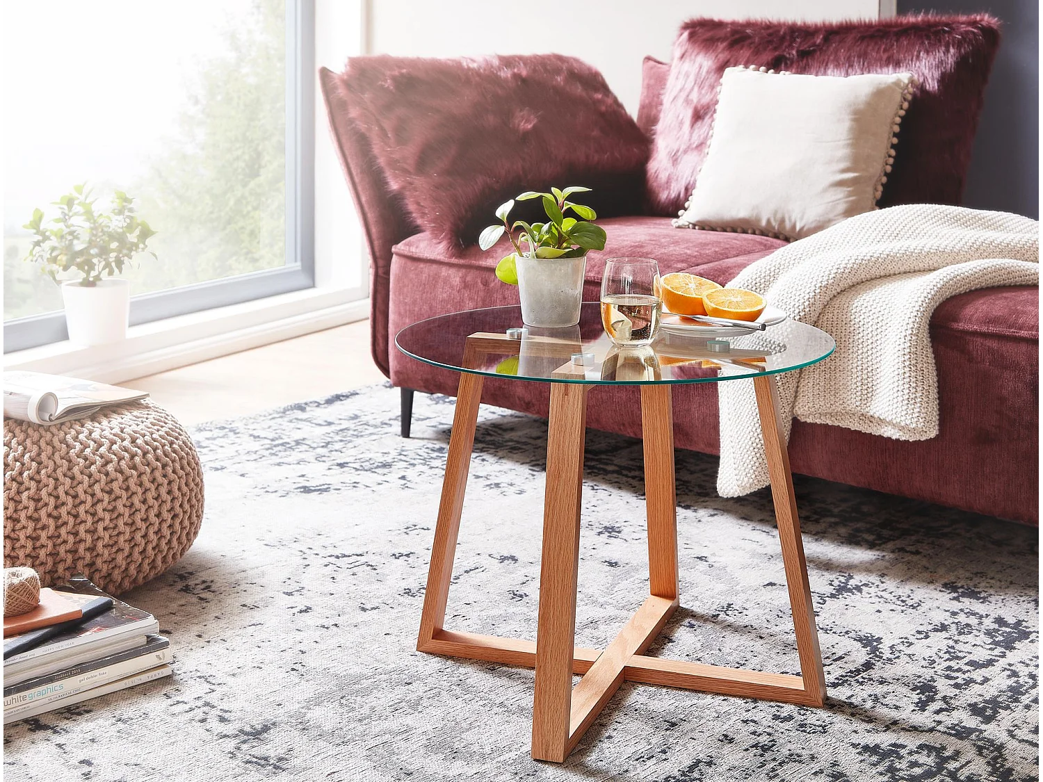 Table Basse de Salon Chêne Bois Massif Verre Table de Canapé Ronde