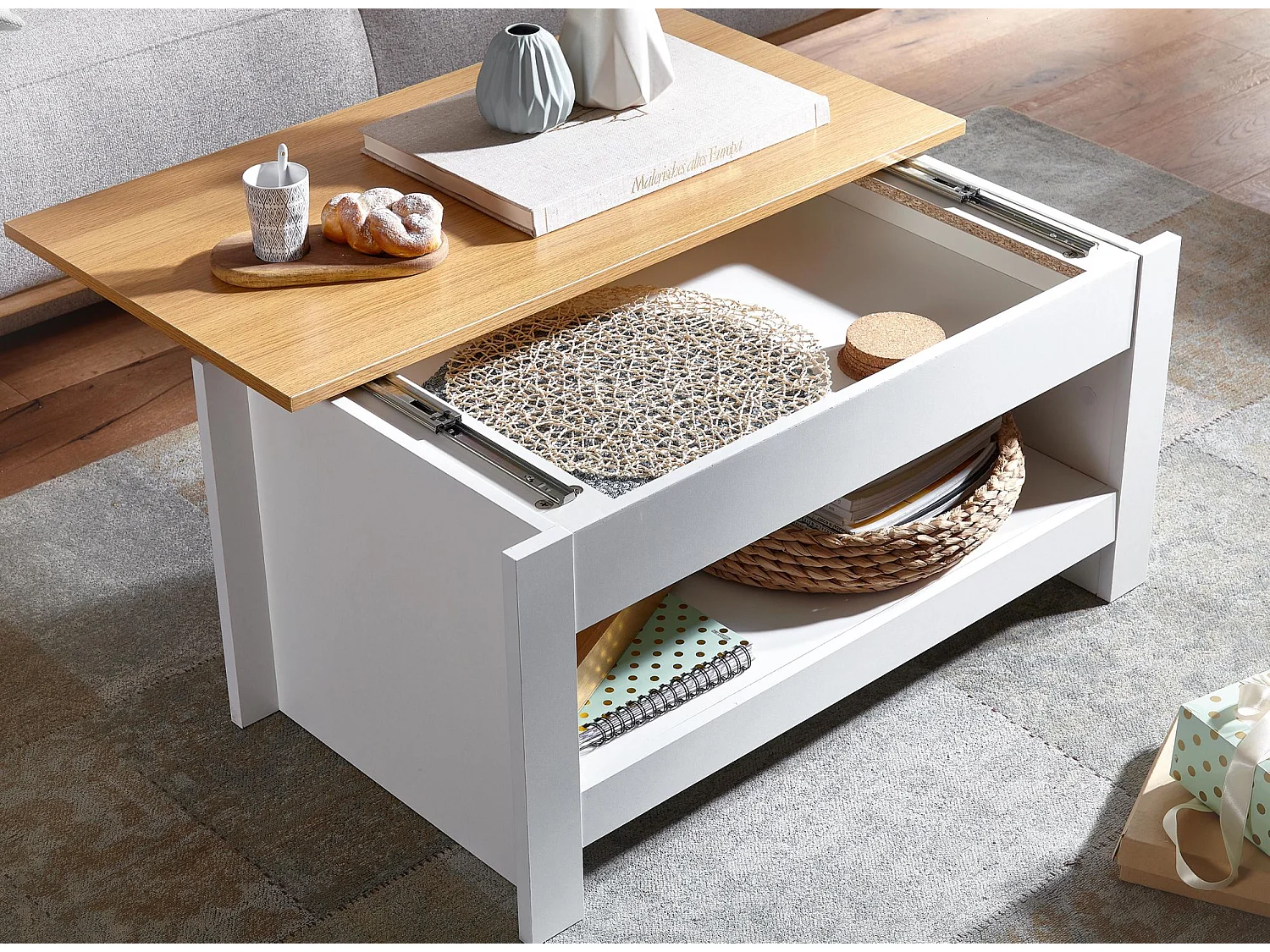 Couchtisch Wohnzimmertisch Weiß 85x47x42cm Sofatisch Tisch mit Stauraum