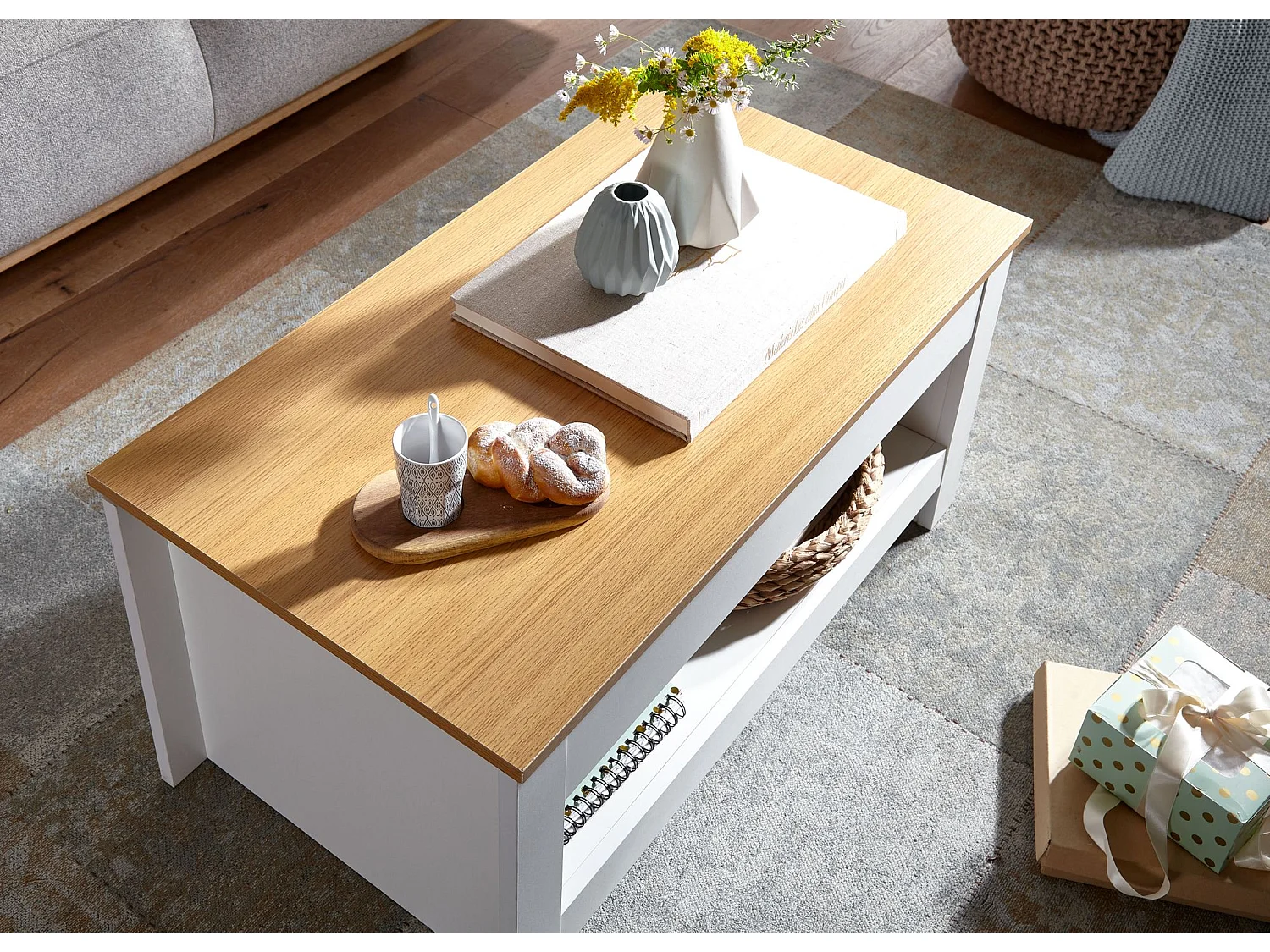 Couchtisch Wohnzimmertisch Weiß 85x47x42cm Sofatisch Tisch mit Stauraum