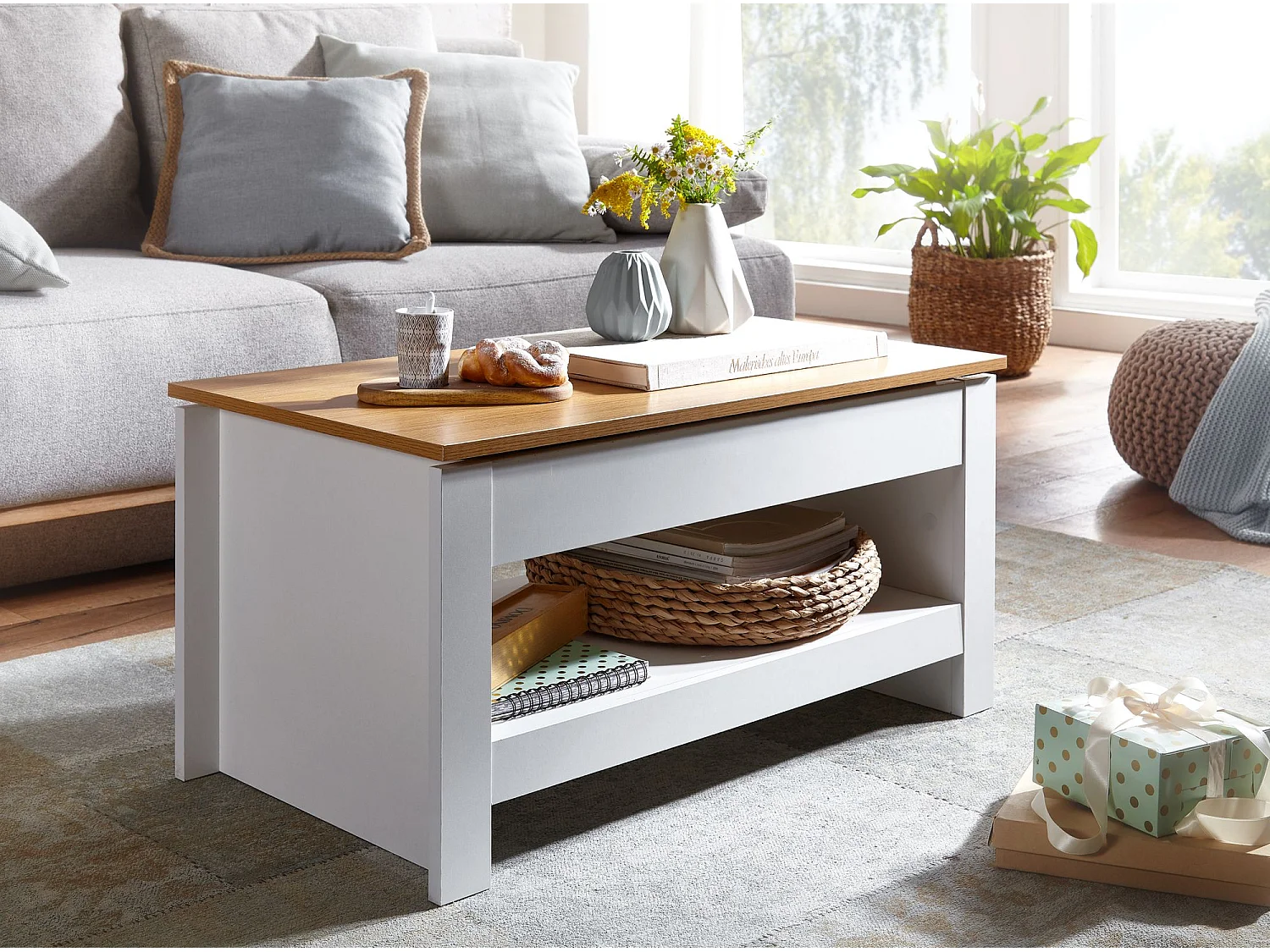 Couchtisch Wohnzimmertisch Weiß 85x47x42cm Sofatisch Tisch mit Stauraum