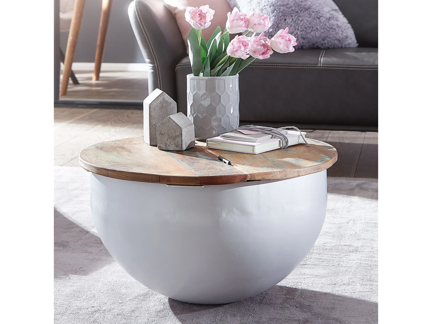 Couchtisch Massivholz Ø 60cm Wohnzimmertisch Rund Sofatisch Tisch Modern