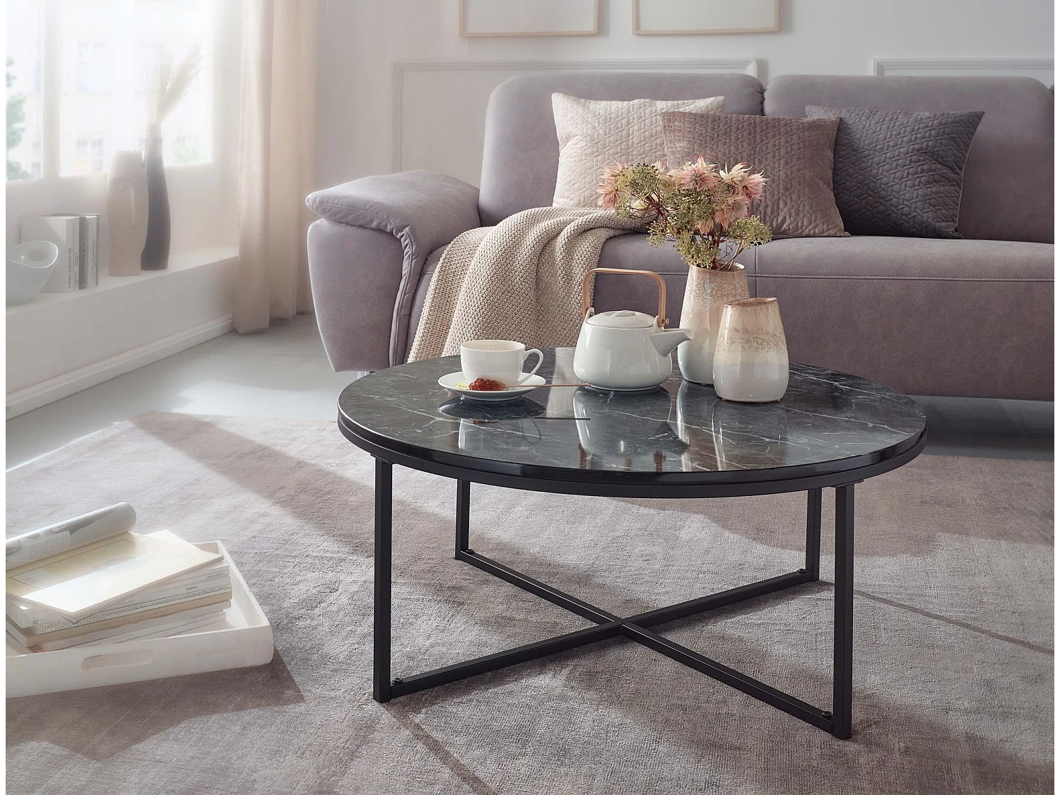 Design Couchtisch Marmor Optik Wohnzimmertisch Ø 80 cm Tisch Rund Metall