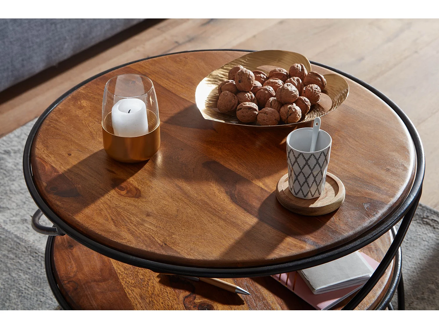 Table Basse de Salon Ronde Bois Massif 58x58x40,5cm Petite Table Moderne