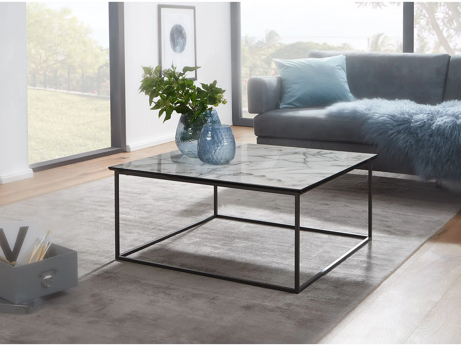 Table Basse de Salon Effet Marbré 80x38x80cm Table Canapé Moderne Carrée