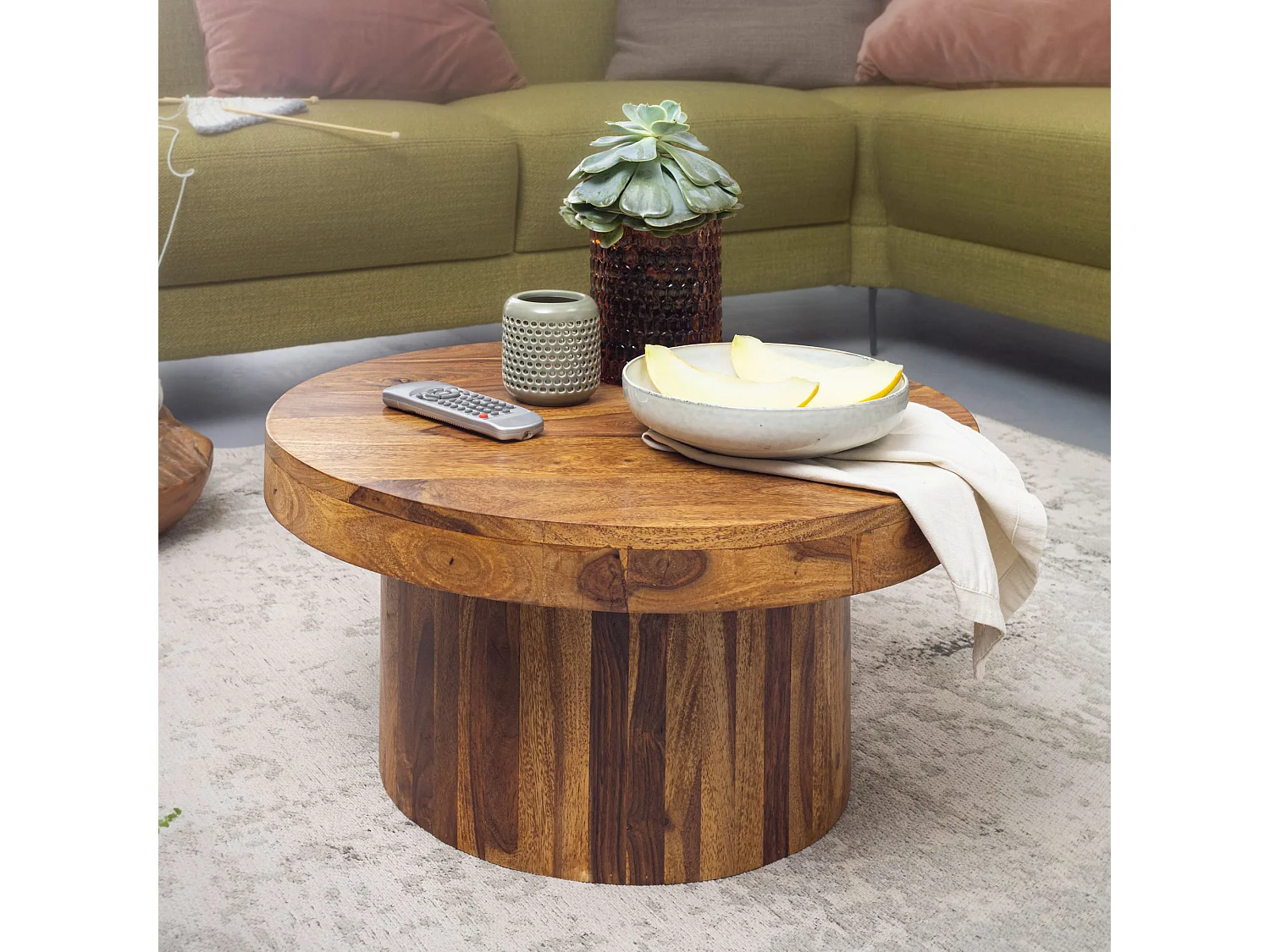 Couchtisch Massivholz 60 cm Wohnzimmertisch Sofatisch Rund Tisch Braun