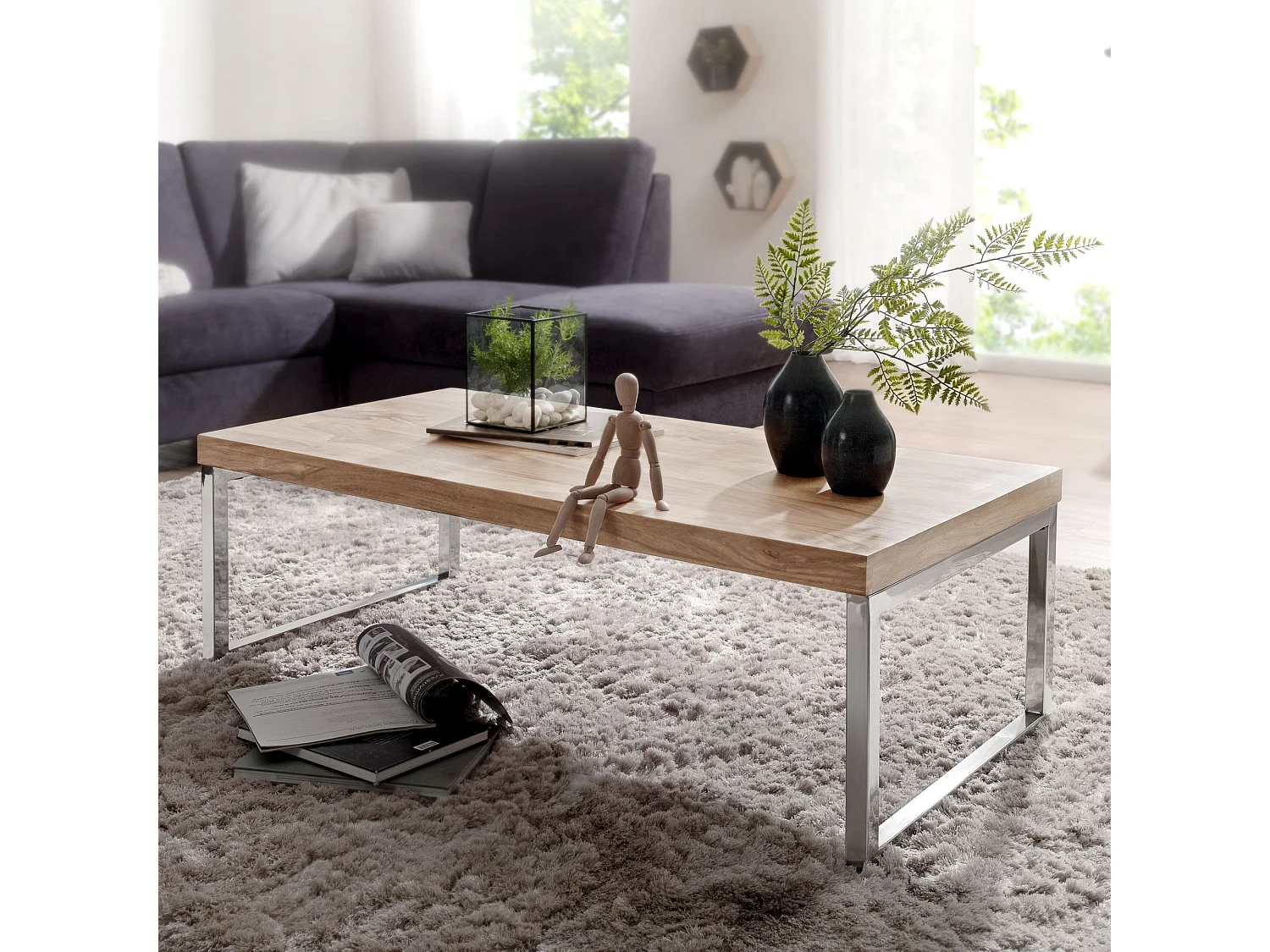 Table Basse Bois Massif Métal 120x40x60cm Table d'appoint Table de salon