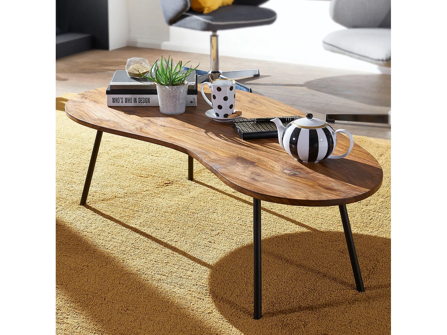 Couchtisch FB50927 122x36x63cm Sheesham Nierentisch Tischbeine Metall