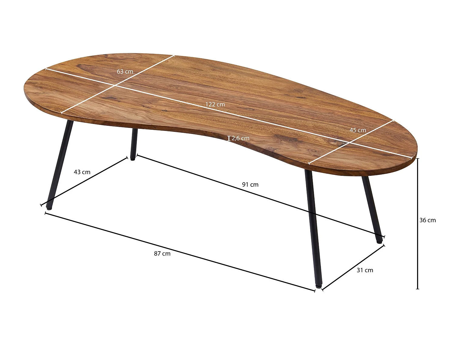 Couchtisch FB50927 122x36x63cm Sheesham Nierentisch Tischbeine Metall