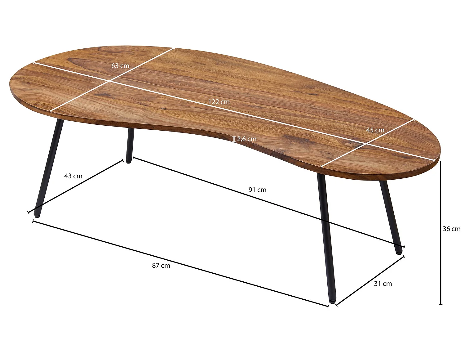 Table Basse Bois Massif 122x36x63cm Table d'appoint Table de salon