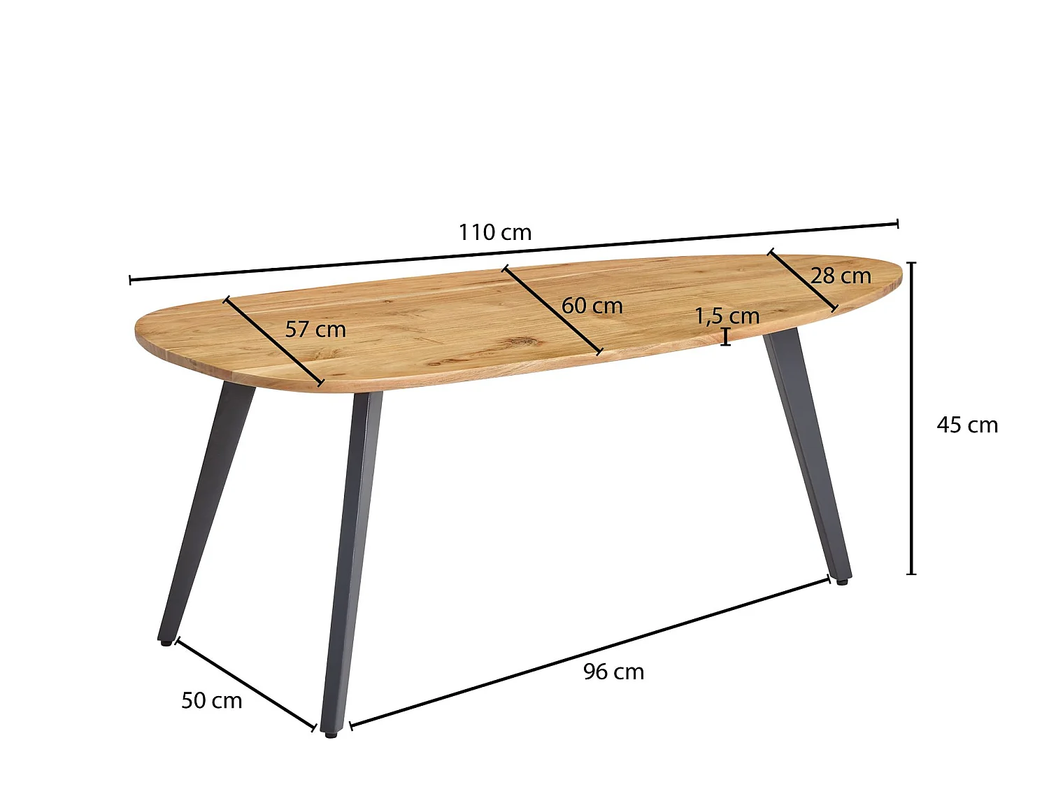 table basse acacia 110x60cm table de salon bois massif table bois / métal