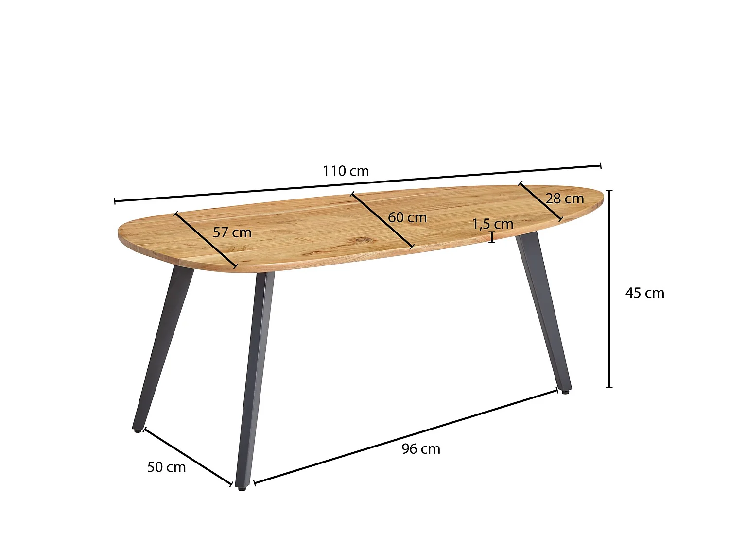 Couchtisch Akazie 110x60cm Massivholz Wohnzimmertisch Holz/Metall Tisch