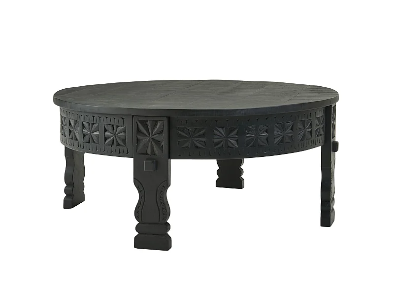 Table Basse de Salon Noir Table de Canapé Bois Massif Orientale Ronde