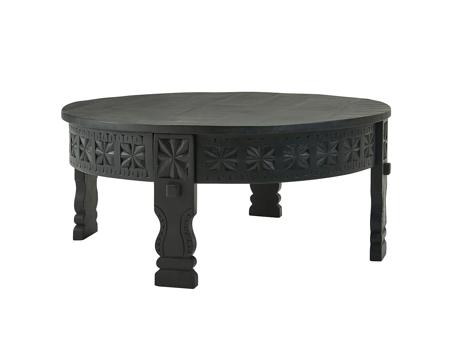 Table Basse de Salon Noir Table de Canapé Bois Massif Orientale Ronde