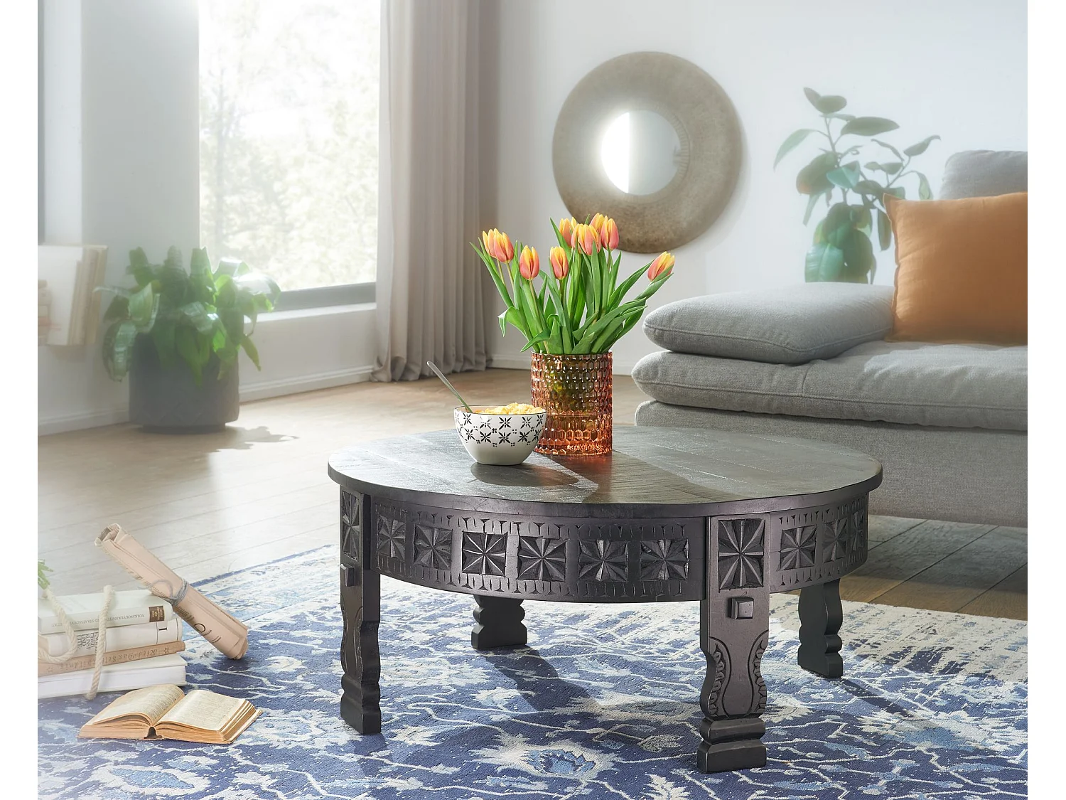 Table Basse de Salon Noir Table de Canapé Bois Massif Orientale Ronde