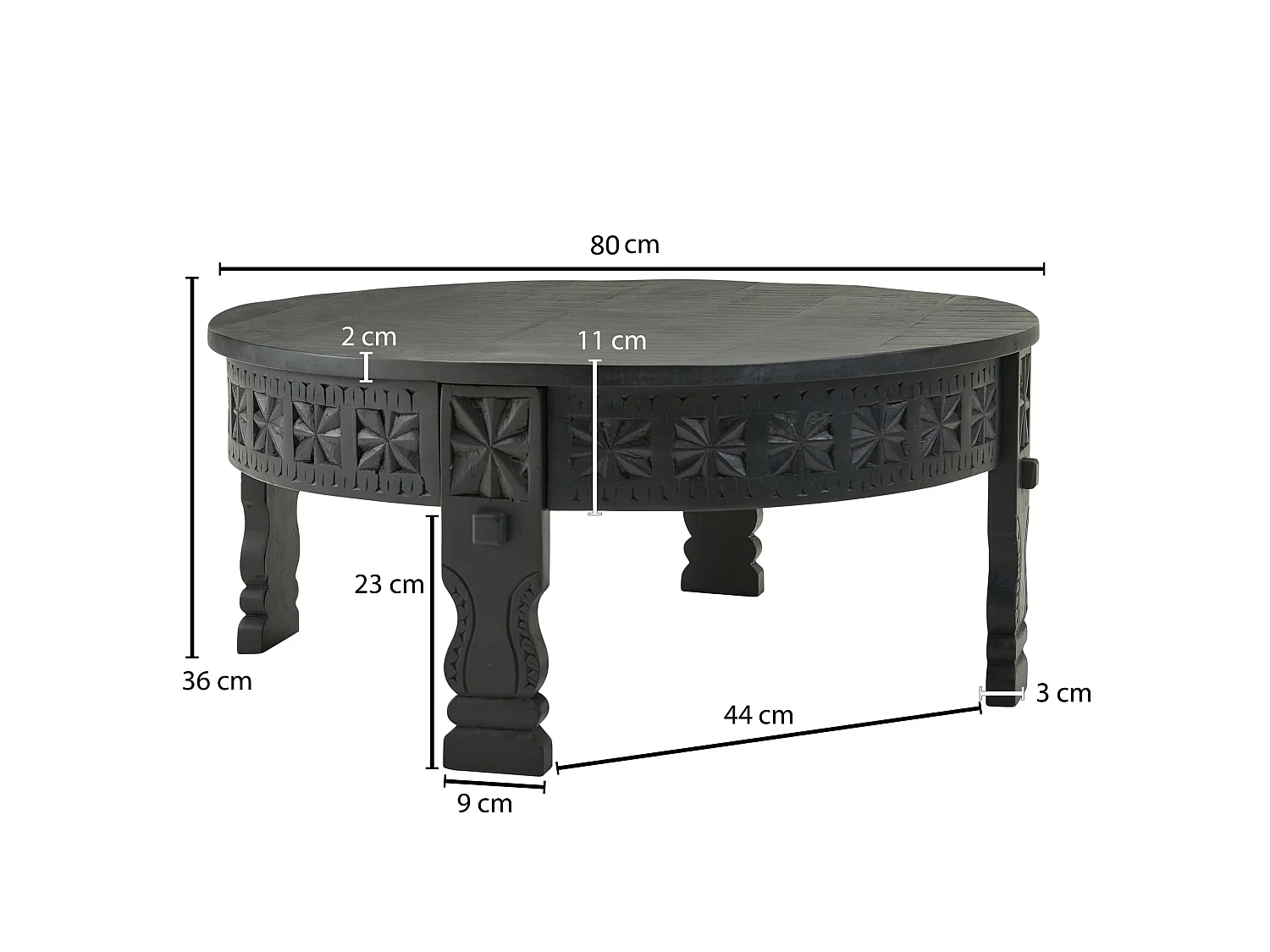 Table Basse de Salon Noir Table de Canapé Bois Massif Orientale Ronde