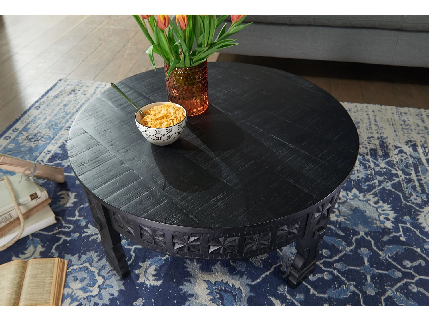 Table Basse de Salon Noir Table de Canapé Bois Massif Orientale Ronde