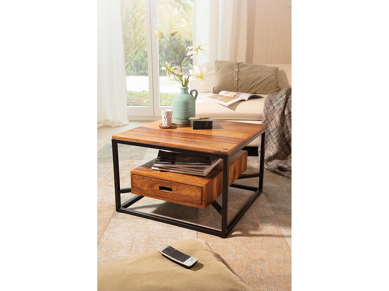 Table Basse Carré Bois Massif 60x60x40 cm Petite Table de Salon Moderne