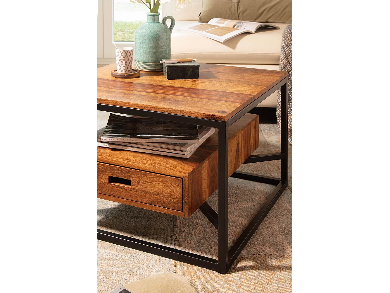 Table Basse Carré Bois Massif 60x60x40 cm Petite Table de Salon Moderne