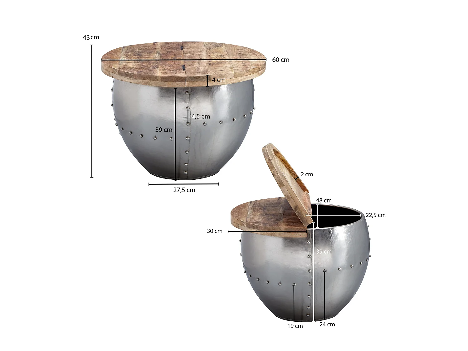 Couchtisch Rund Holz Metall Sofatisch Ø 60 cm Tisch Industrial Stauraum