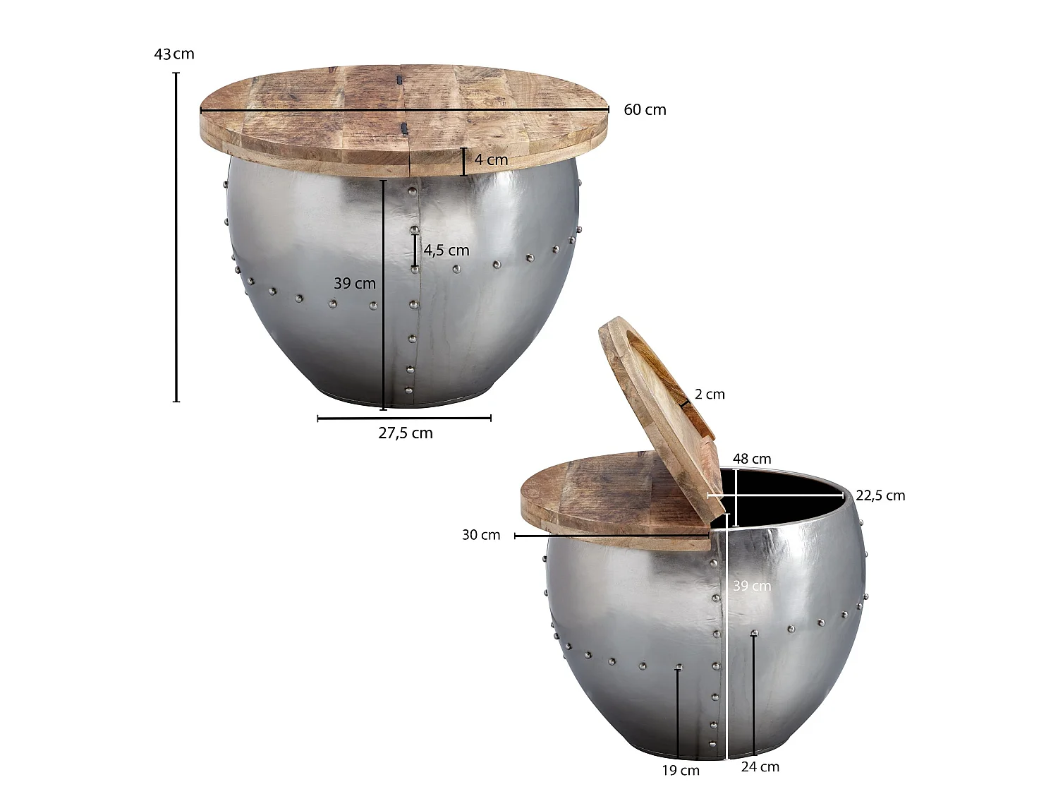 Couchtisch Rund Holz Metall Sofatisch Ø 60 cm Tisch Industrial Stauraum