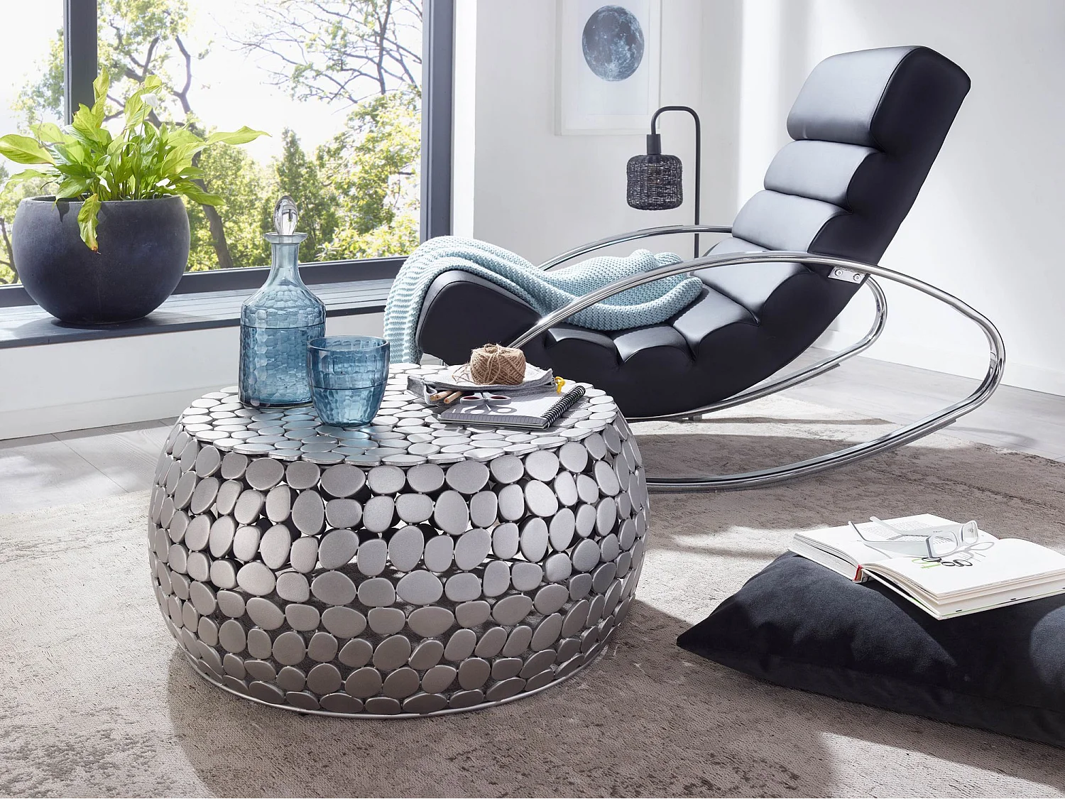 Couchtisch Sofatisch Metall Silber Ø 66 cm Tisch Wohnzimmertisch Rund