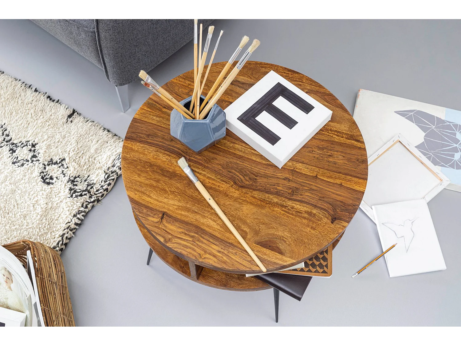 Couchtisch Massivholz 60 cm Wohnzimmertisch Sofatisch Rund Tisch Ablage