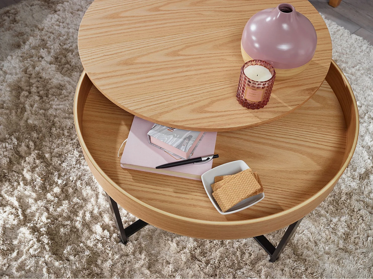 Design Couchtisch Ø69 Eiche Furnier Metallbeine Stauraum Wohnzimmertisch