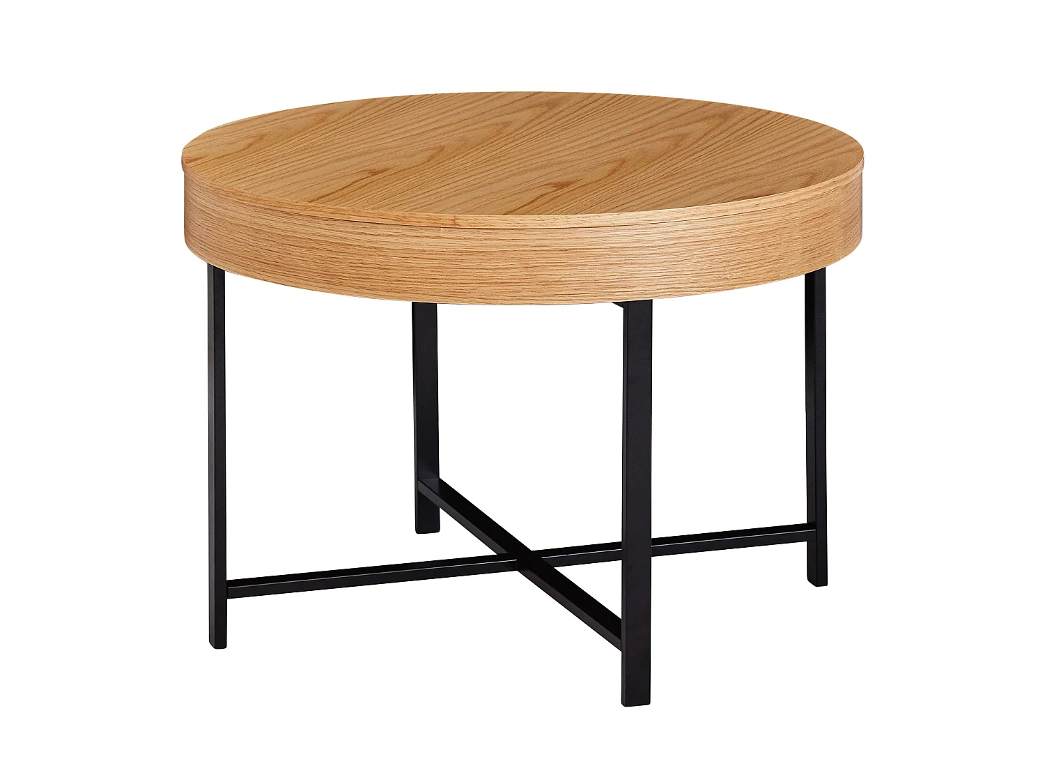 Table basse design Ø69 pieds métal plaqué chêne table de salon espace rangement