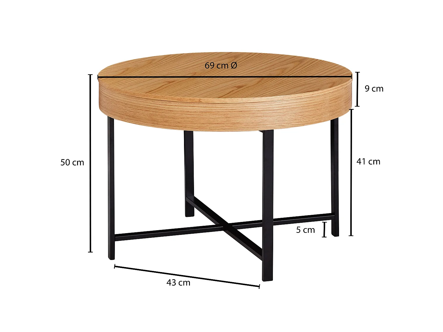 Table basse design Ø69 pieds métal plaqué chêne table de salon espace rangement