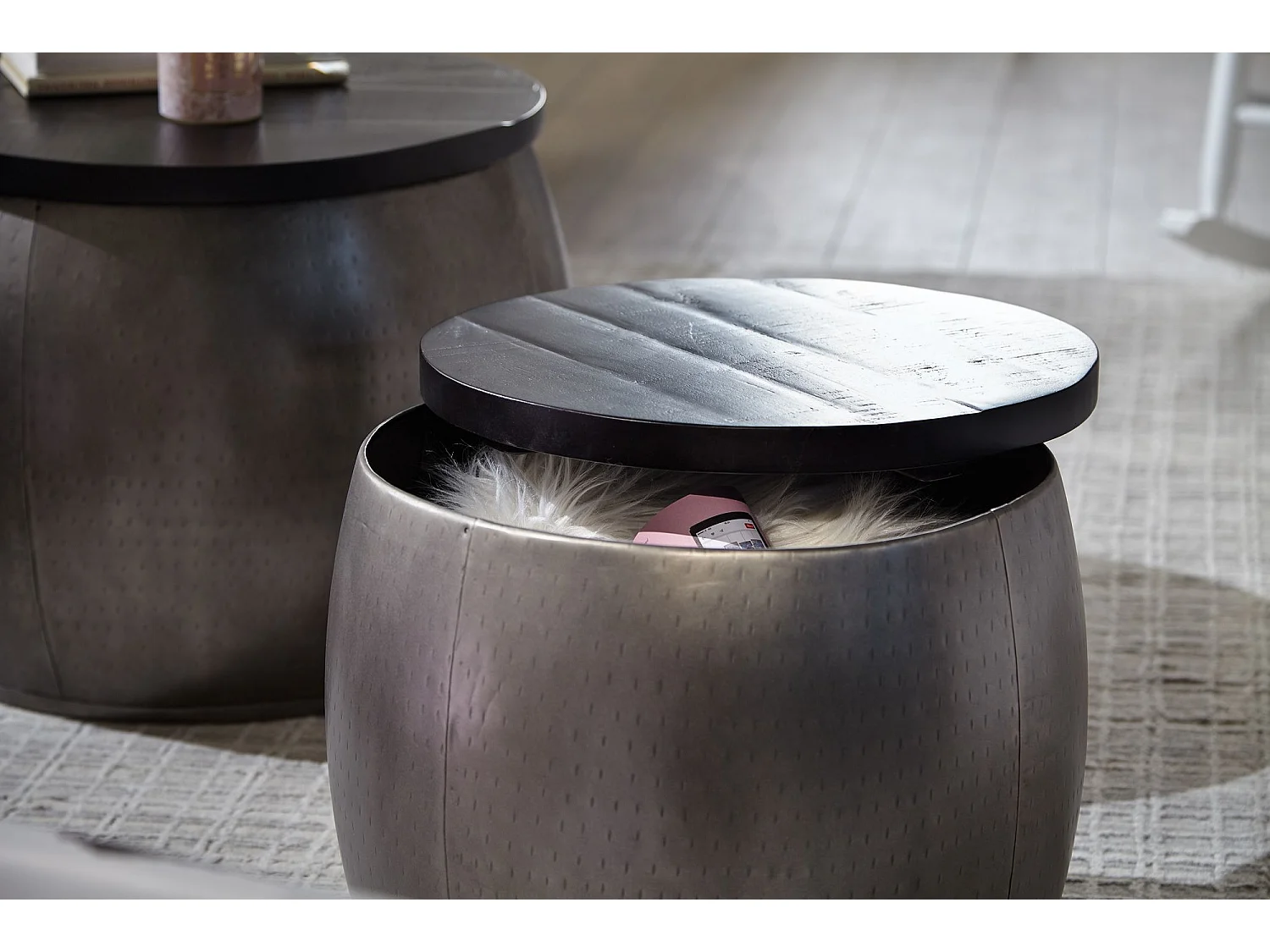 Table Basse de Salon Lot de 2 Table Canapé Bois Metal Industriel Ronde