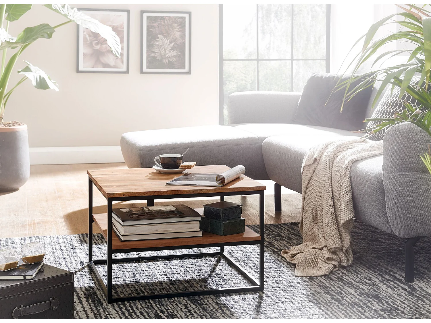 Table Basse de Salon 60x60x41cm Table Canapé Bois Metal Industriel Carré