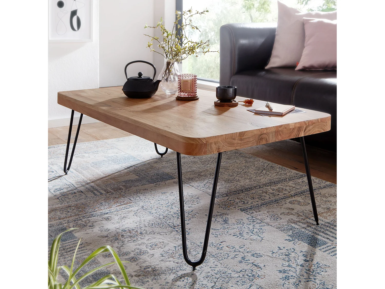 Table Basse Bois Massif Métal 115x40x60cm Table d'appoint Table de salon