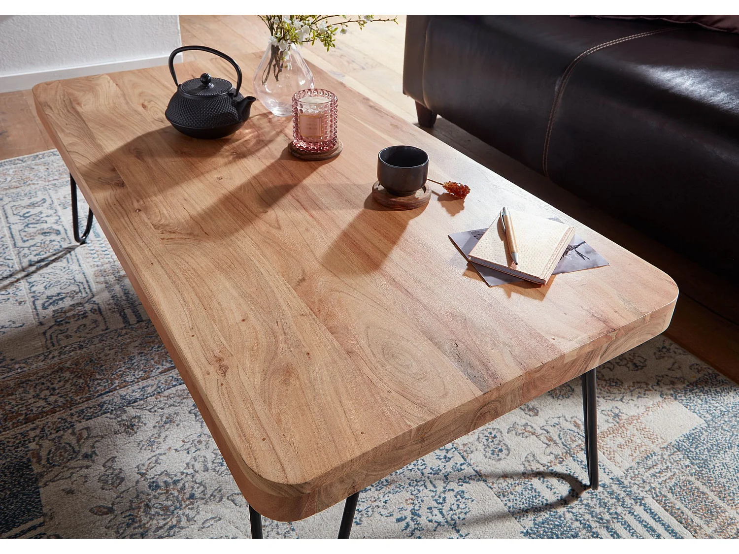 Table Basse Bois Massif Métal 115x40x60cm Table d'appoint Table de salon