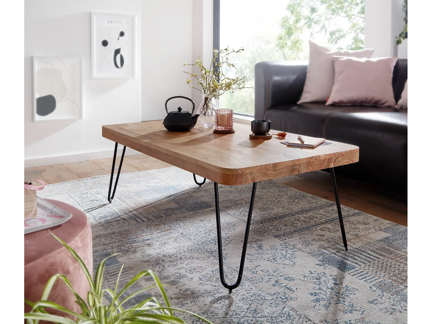 Couchtisch Massivholz 115 cm breit Wohnzimmertisch Metallbeine Landhaus