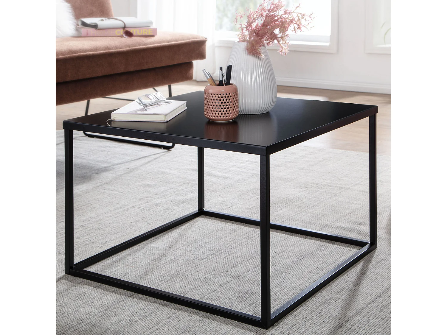 Table Basse de Salon Noir Métal 60x60x40 cm Carré Petite Table Canapé
