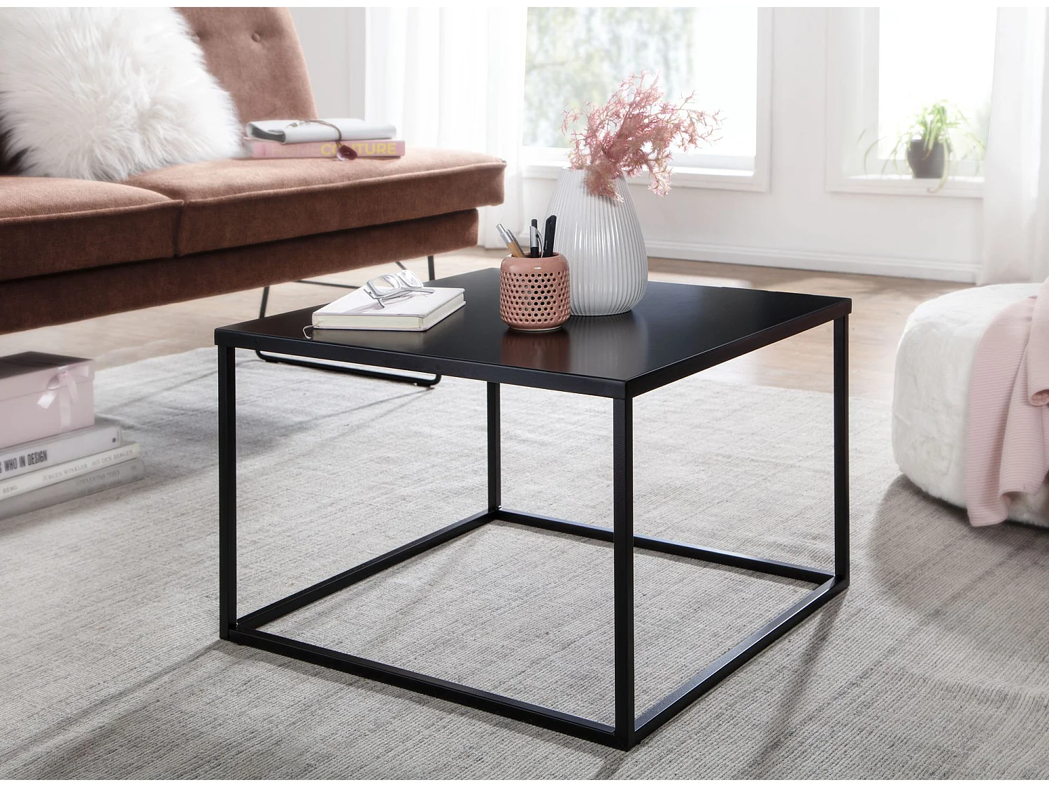 Table Basse de Salon Noir Métal 60x60x40 cm Carré Petite Table Canapé