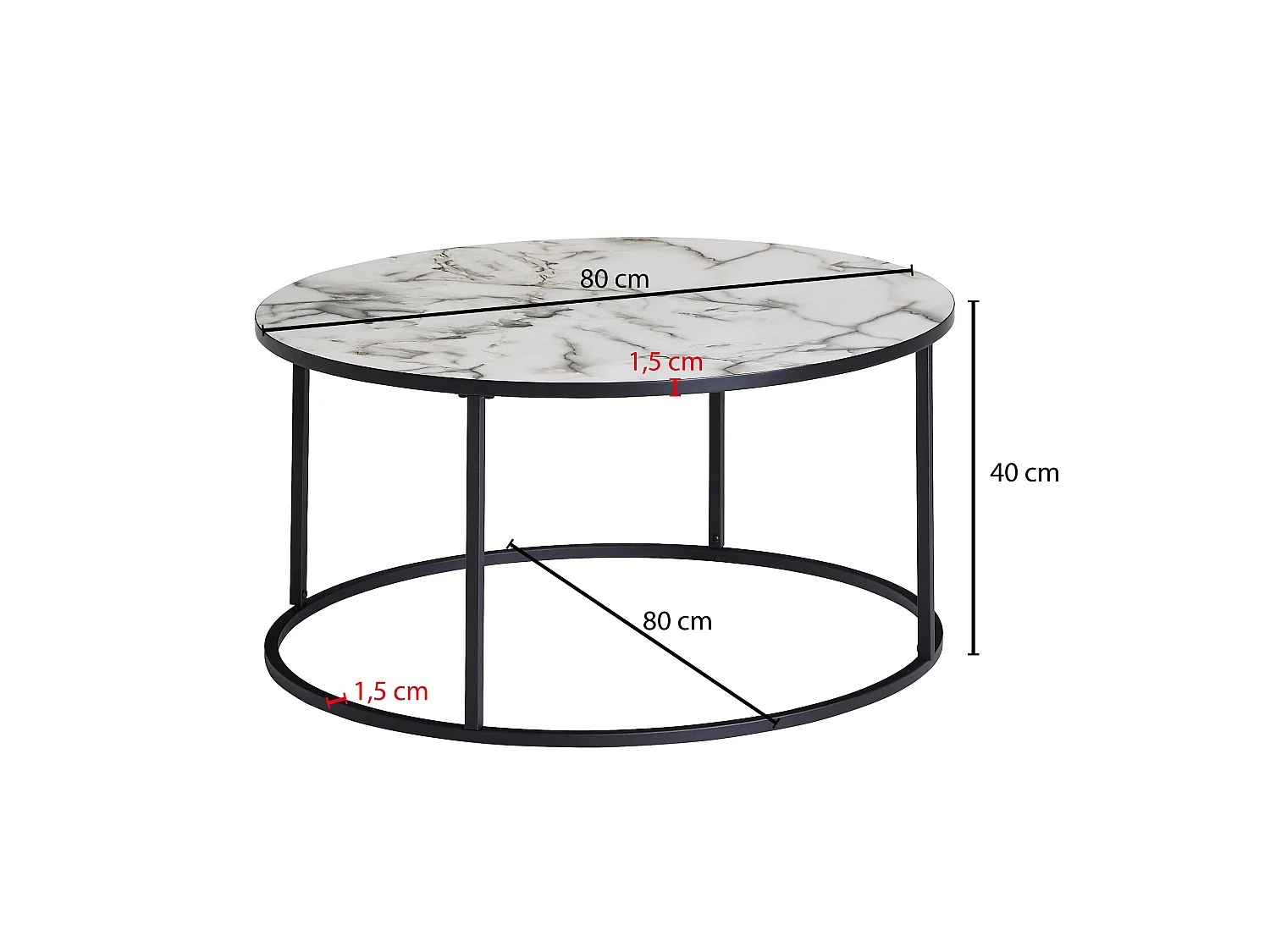 Couchtisch Rund Ø 80 cm Wohnzimmertisch Weiß Marmor Optik Sofatisch