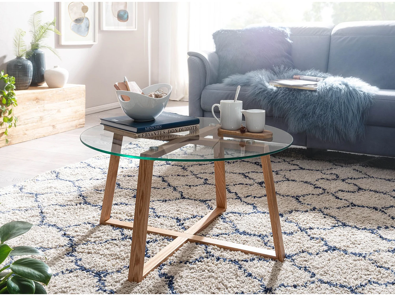 Couchtisch Wohnzimmertisch Holz Glas Sofatisch Tisch Wohnzimmer Rund