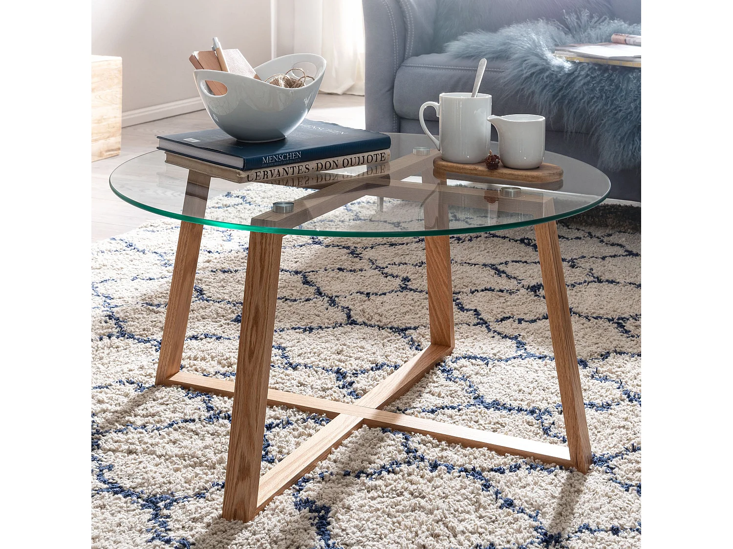 Couchtisch Wohnzimmertisch Holz Glas Sofatisch Tisch Wohnzimmer Rund