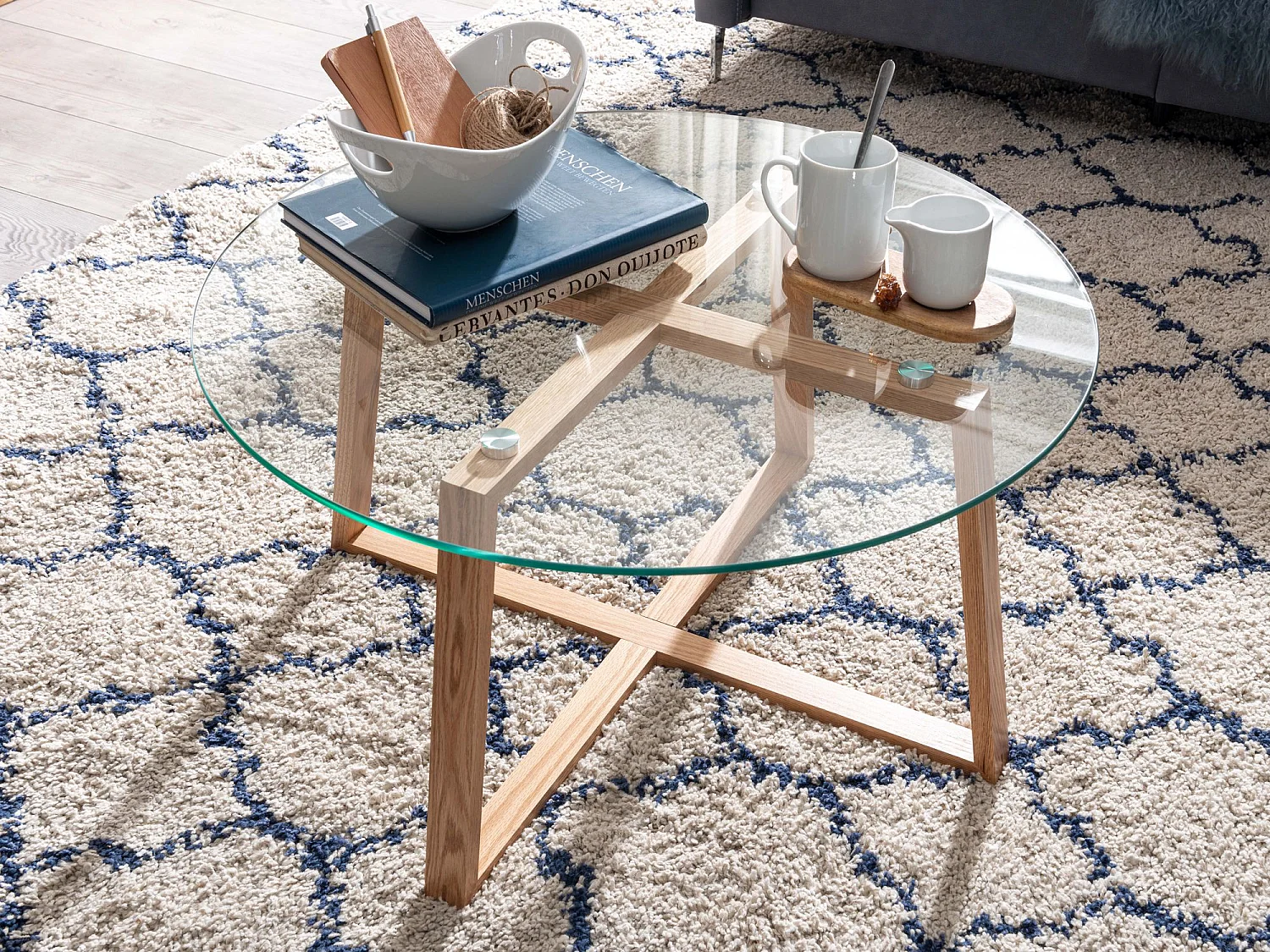 Couchtisch Wohnzimmertisch Holz Glas Sofatisch Tisch Wohnzimmer Rund