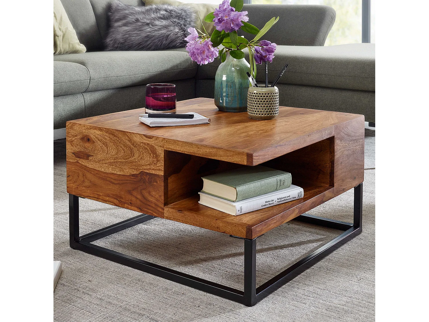 Table Basse de Salon Bois Massif Métal 60x60x34,5 cm Carré Table Canapé