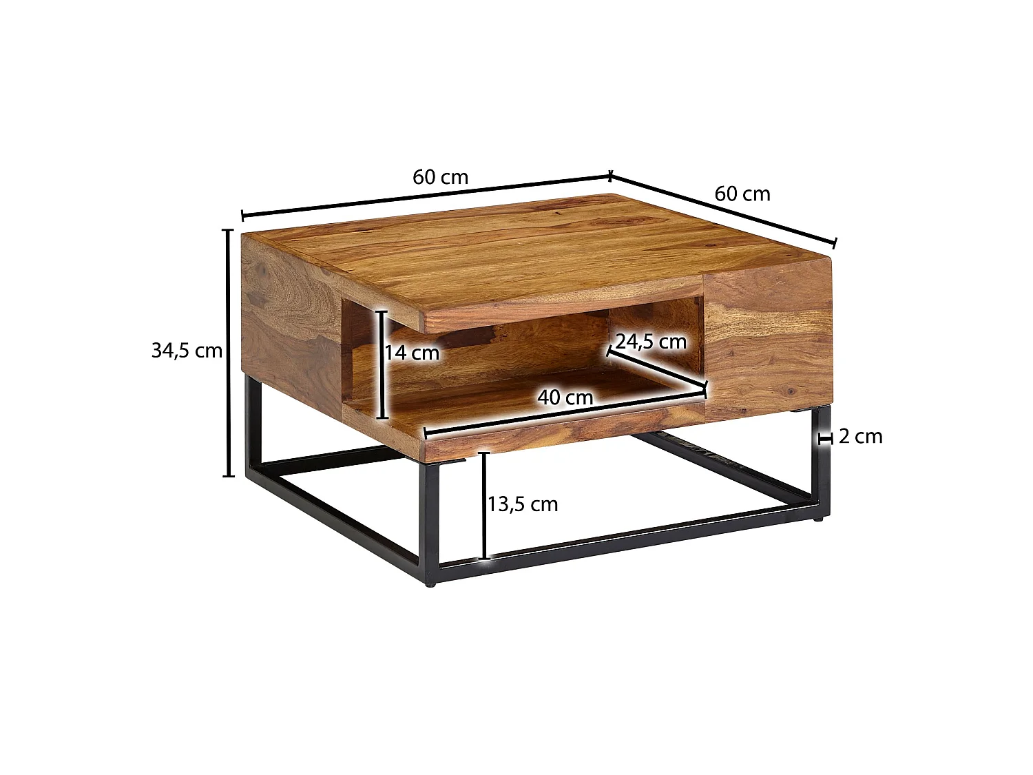 Table Basse de Salon Bois Massif Métal 60x60x34,5 cm Carré Table Canapé