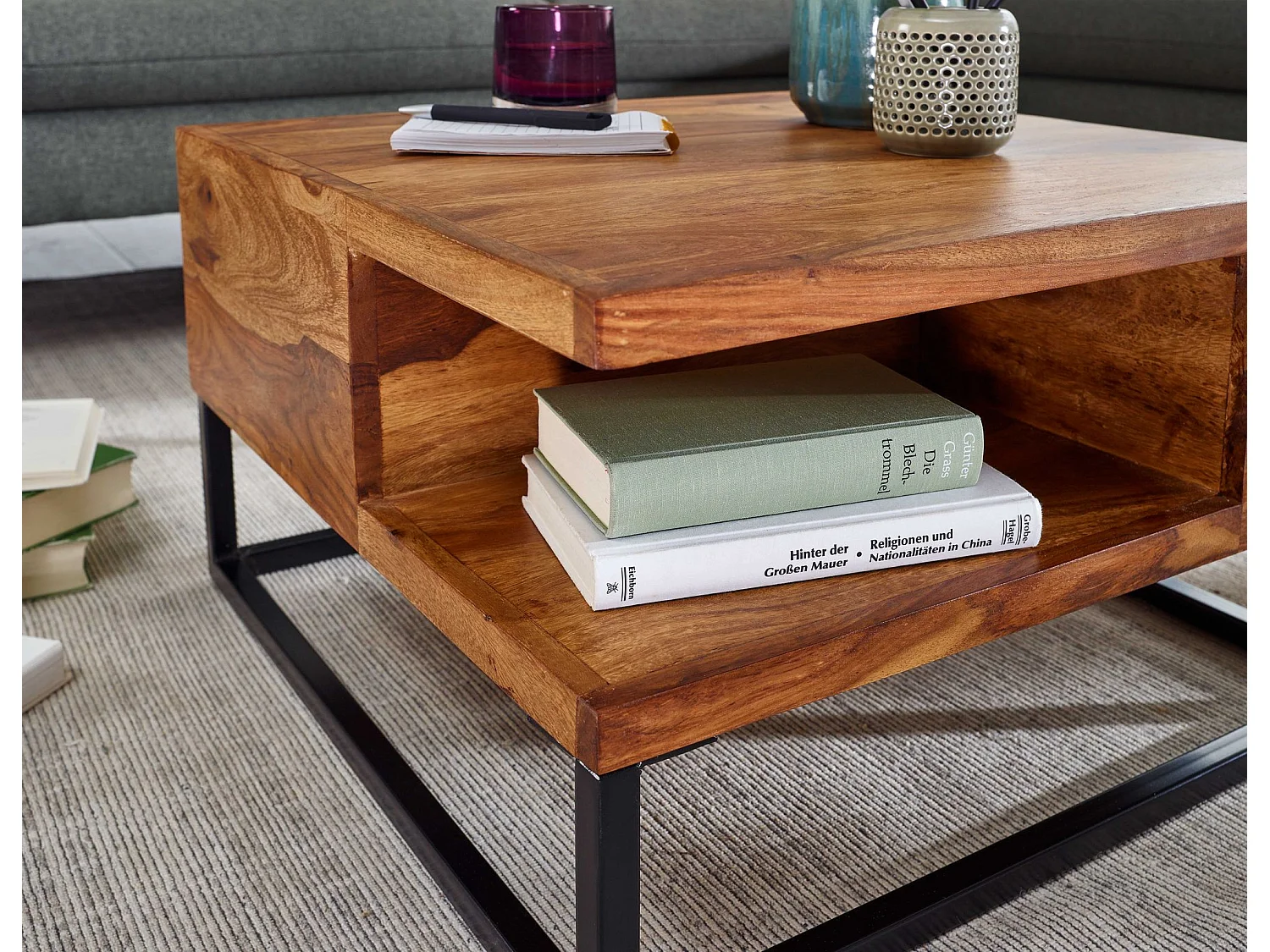 Table Basse de Salon Bois Massif Métal 60x60x34,5 cm Carré Table Canapé