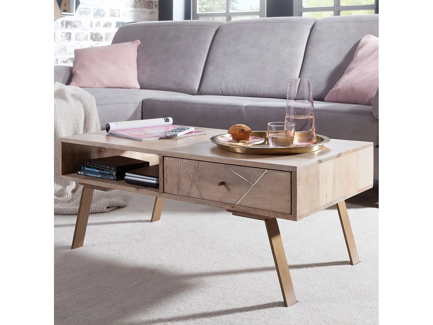 Table Basse Bois Massif Métal 95x42x50cm Table d'appoint Table de salon