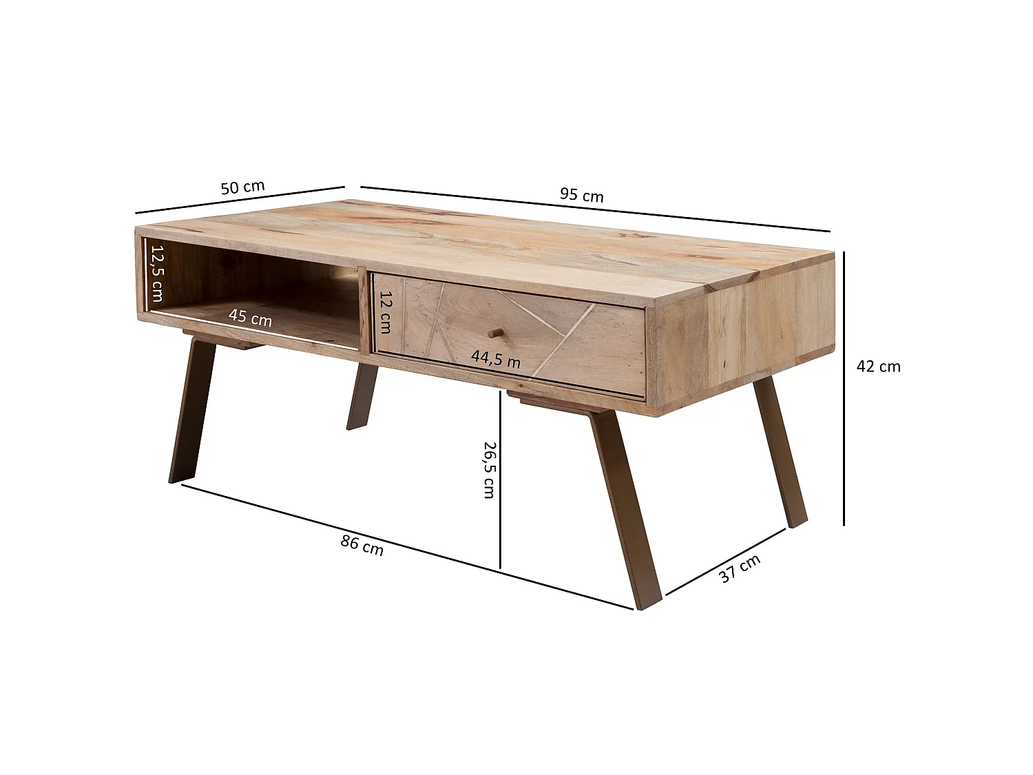 Table Basse Bois Massif Métal 95x42x50cm Table d'appoint Table de salon