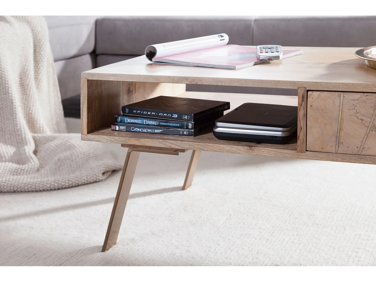 Table Basse Bois Massif Métal 95x42x50cm Table d'appoint Table de salon