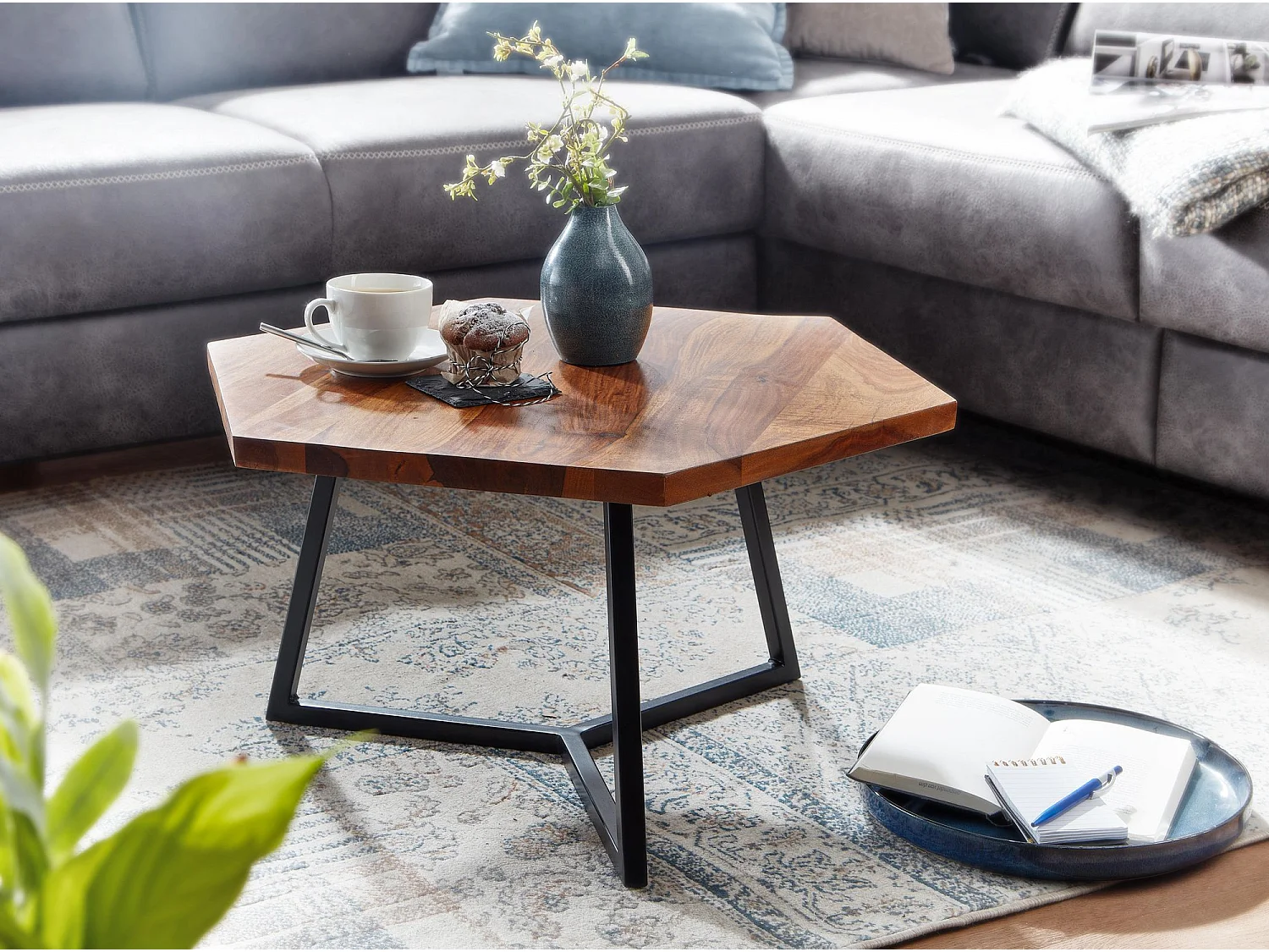 Table Basse Hexagonal Bois Massif 60x60x35 cm Petite Table de Salon